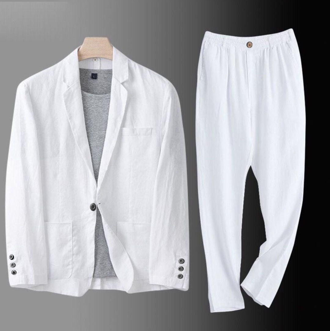 2 Pc Men Two Button Suit Summer Linen Causal Blazer Pants Coat Beach Jacket