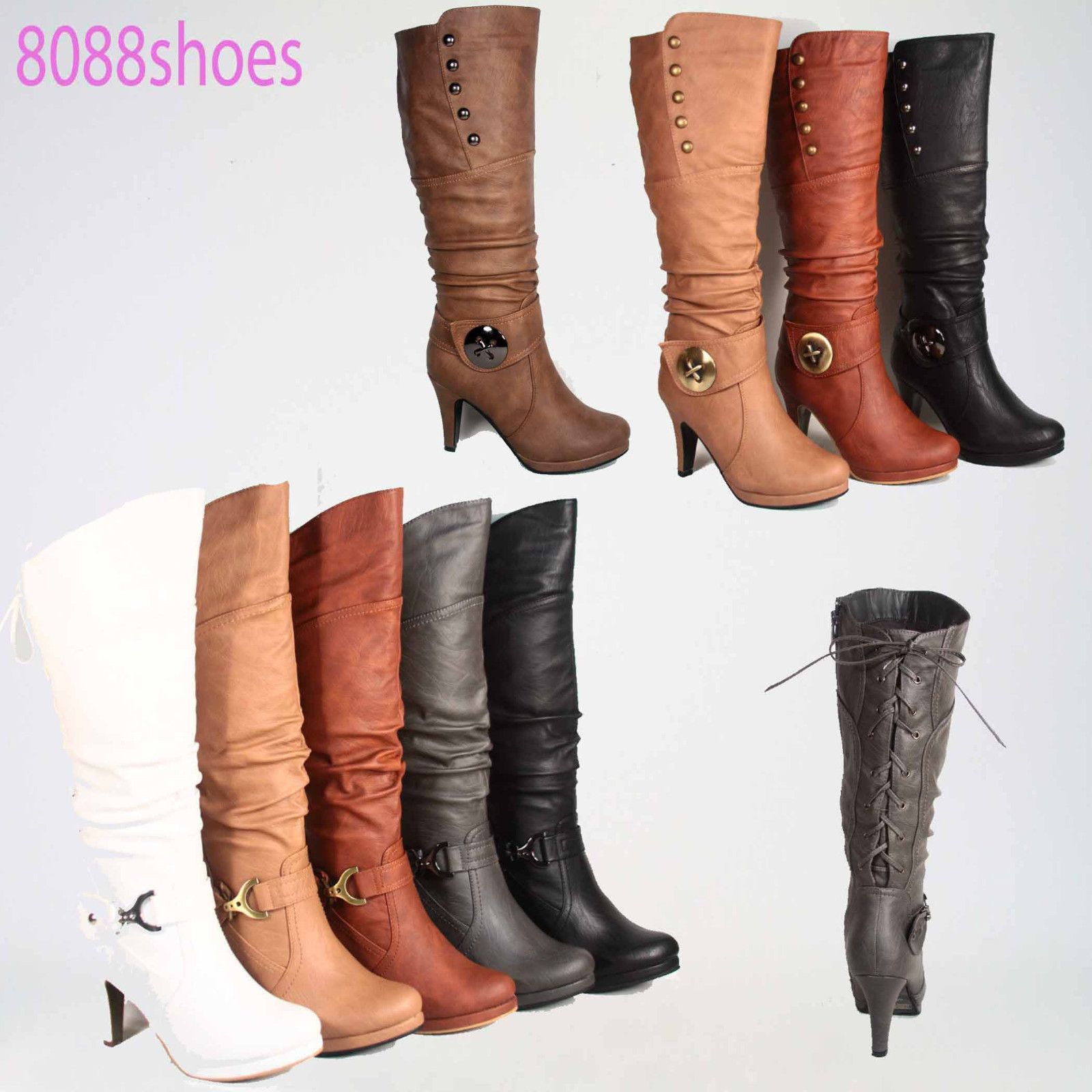 Women’s Round Toe High Heel Platform Mid-Calf Knee High Boots Shoes Size 5 -11