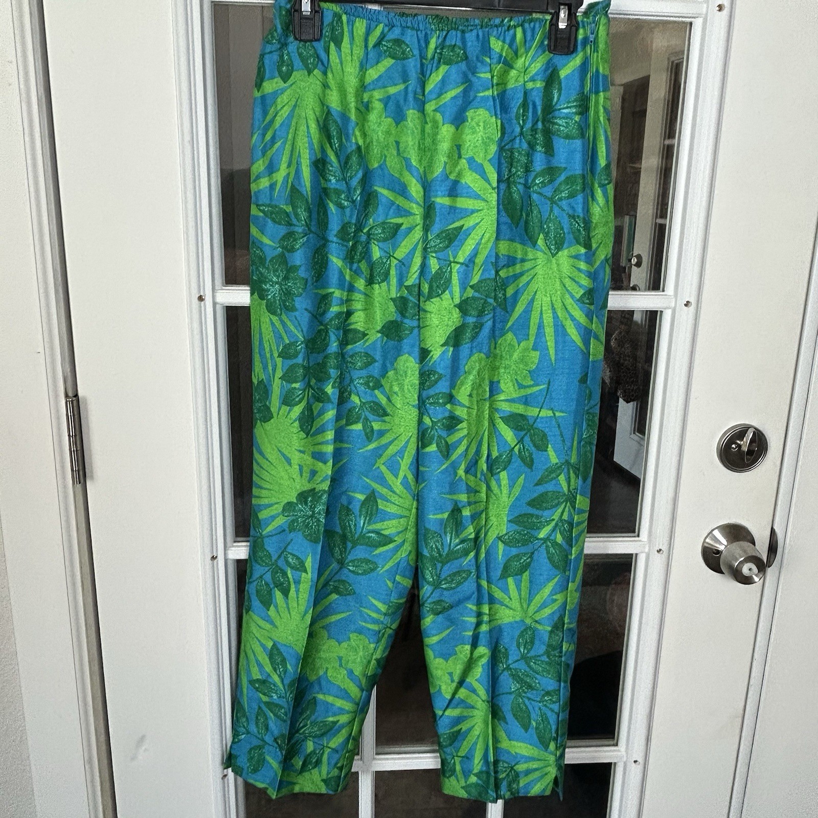Vintage 80s 90s Tropical Palm Leaf Plant Cropped Pants Size 10 Bold Green Blue