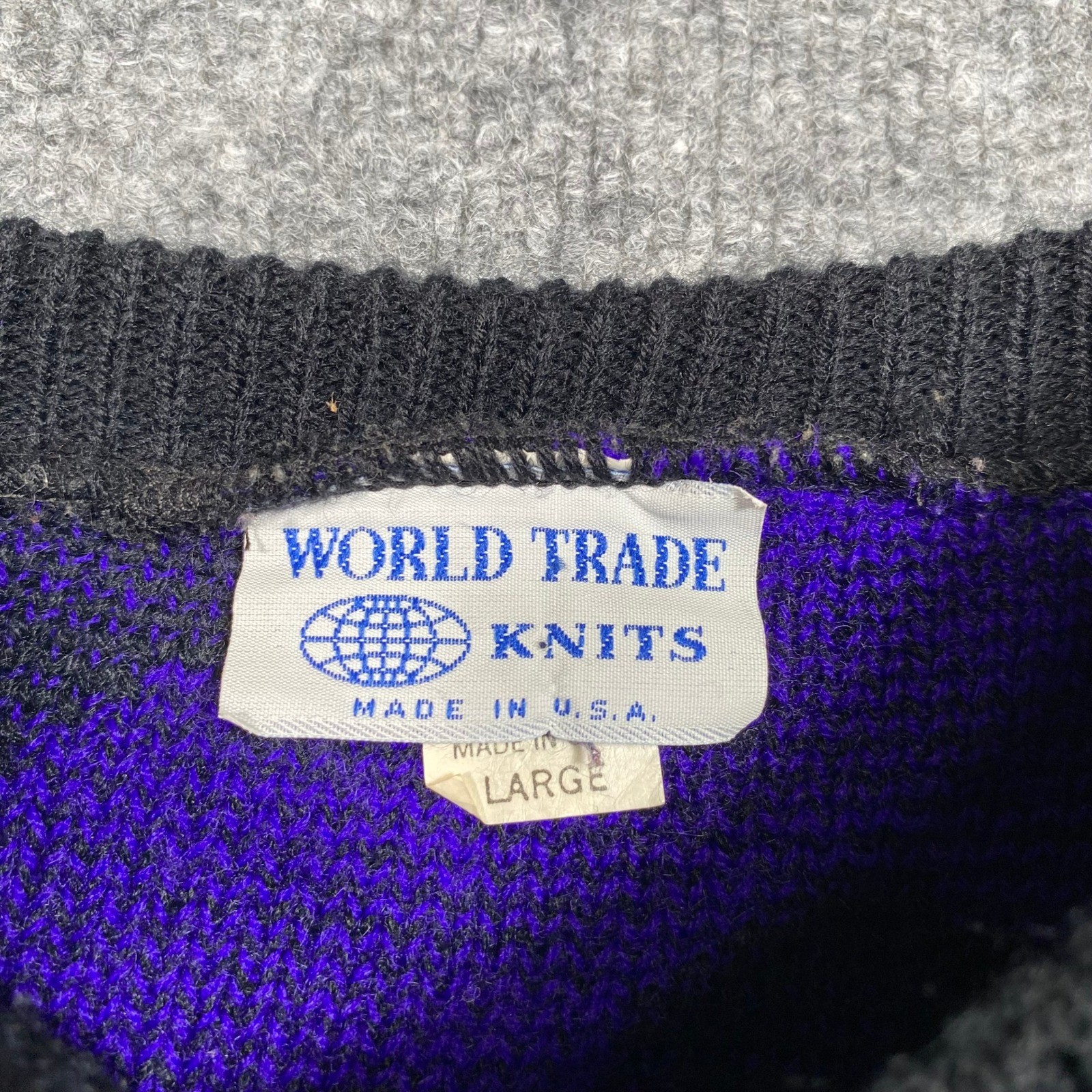 Vintage World Trade Knits Purple Black Polka Dot Colorblock Sweater Mens Large