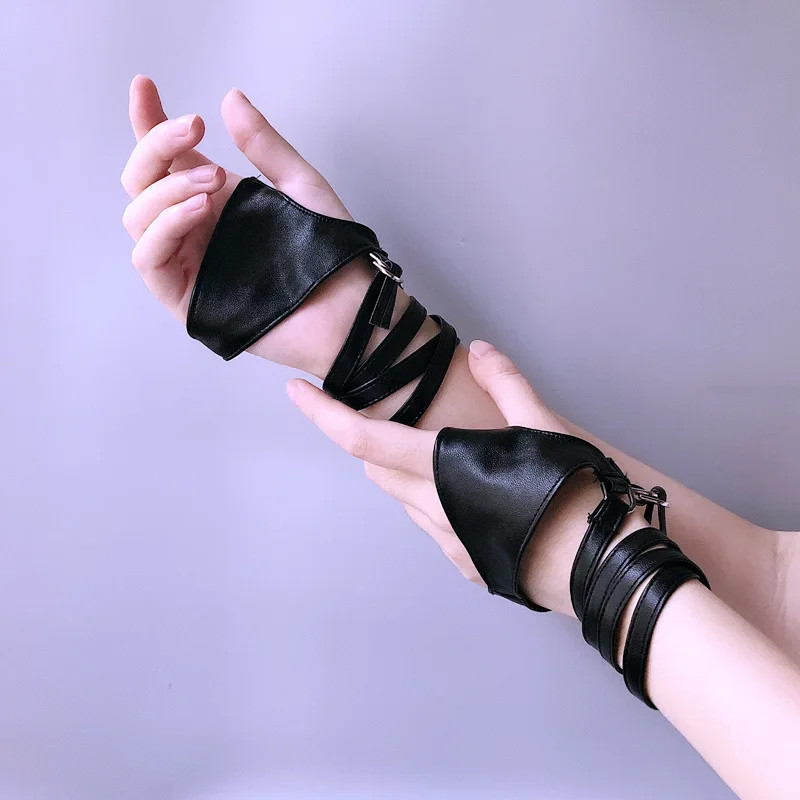 PU Leather Fingerless Gloves Gothic Punk Half-Finger Arm Sleeves