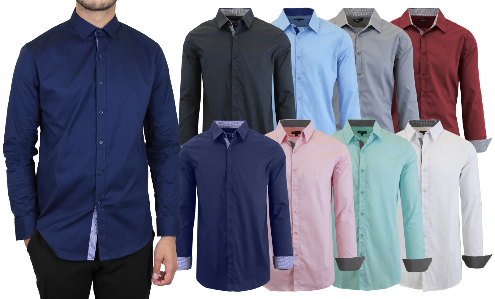 Mens Long Sleeve Dress Shirt Button Down Casual Printed Fancy Contrast Trim Cuff