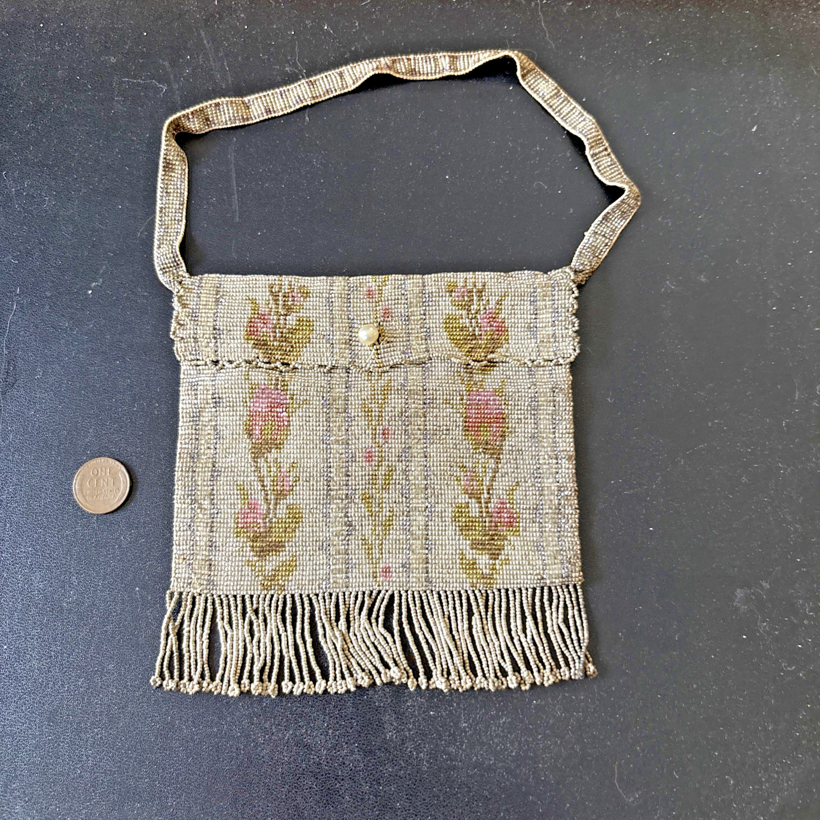 Antique Victorian/Edwardian Era Bag Glass Seed Beaded Floral FRANCE 5.25×5.5″