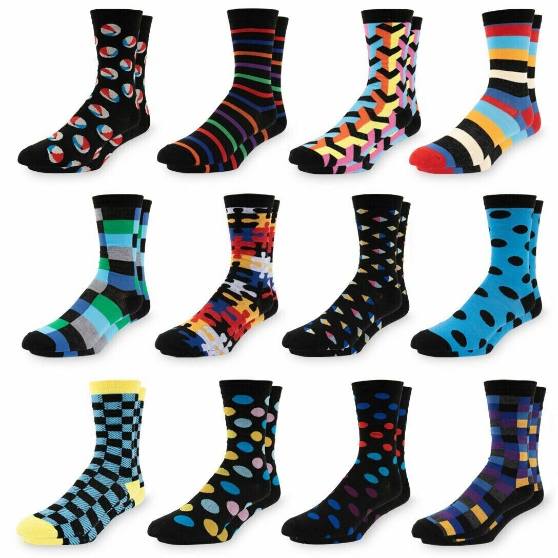 Men’s Dress Socks Size 10-13 Colorful Funky Patterned Crew Socks 12 Pairs