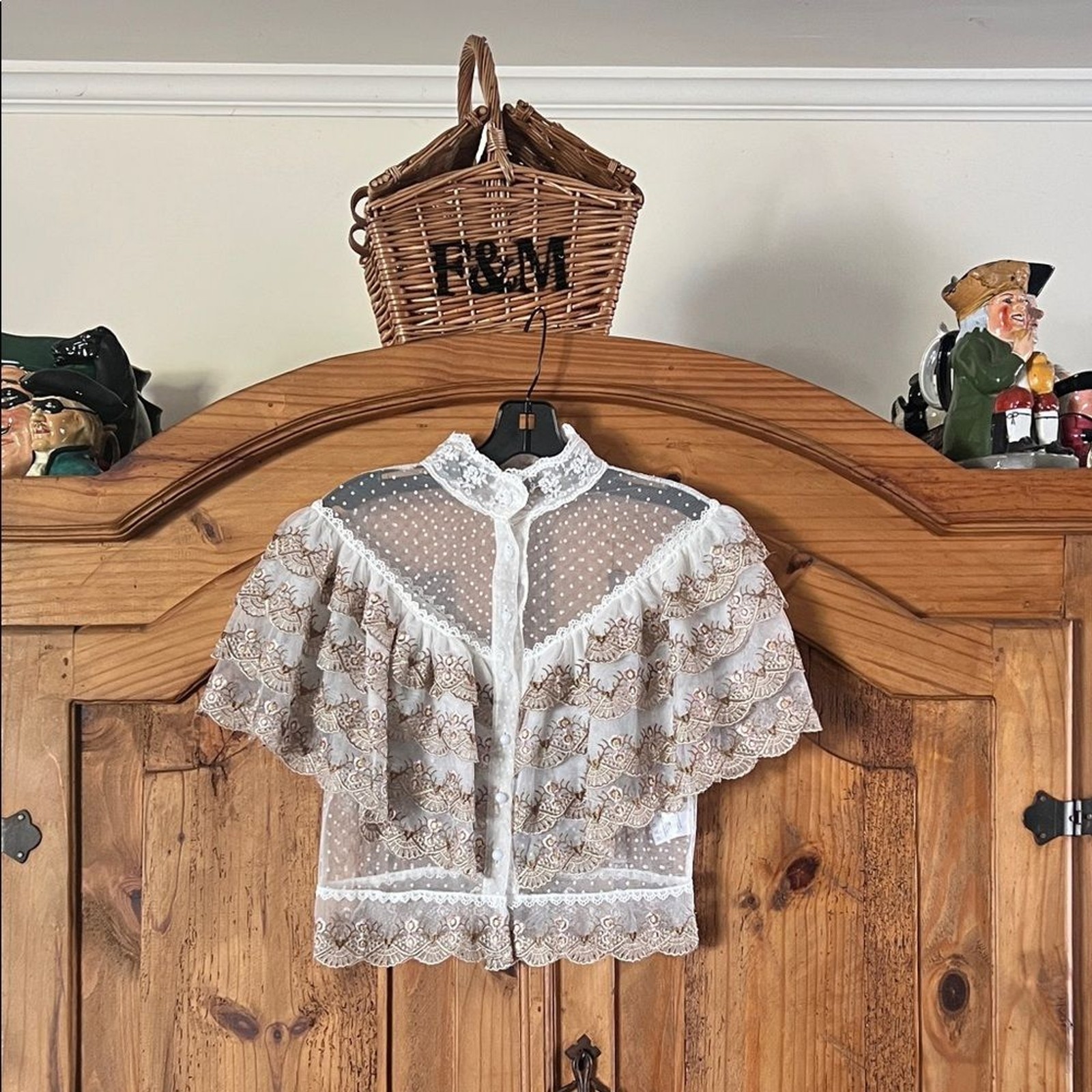 BEULAH Style Victorian-Inspired White Lace Blouse with Golden Embroidery Size: S