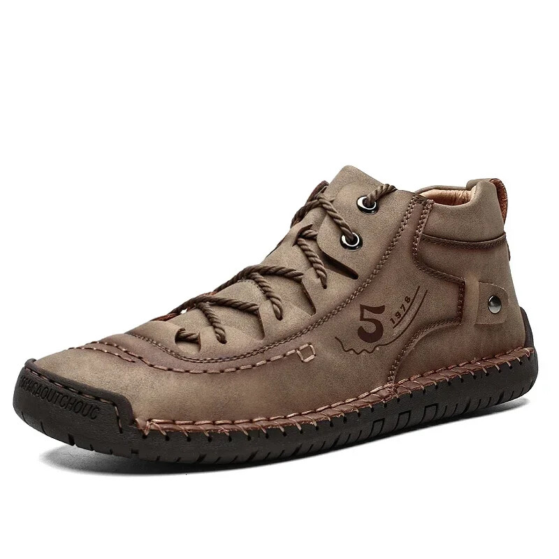 Men Hand Stitched Leather Walking Shoes Lace Up Non Slip Casual Outdoor Sneakers