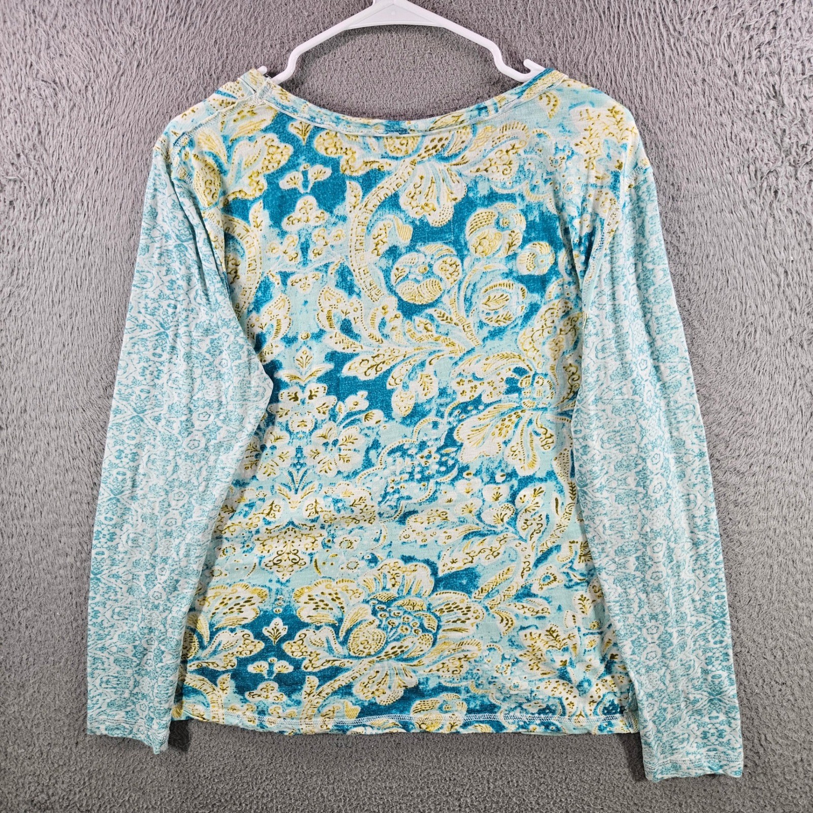 Cino Womens Blue Yellow Floral Paisley 100% Cotton Long Sleeve Top Large