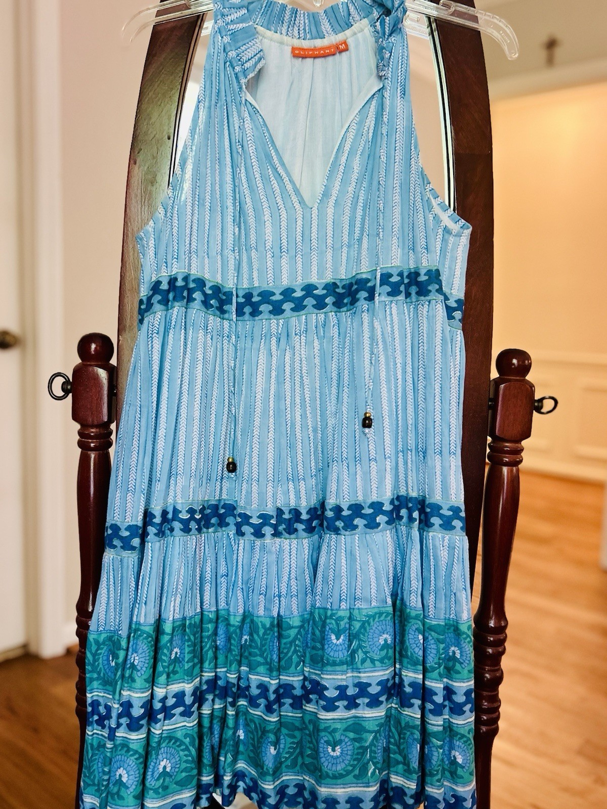 Oliphant Blue/Green Striped Halter Sleeveless Swing Dress M Cotton, lined.