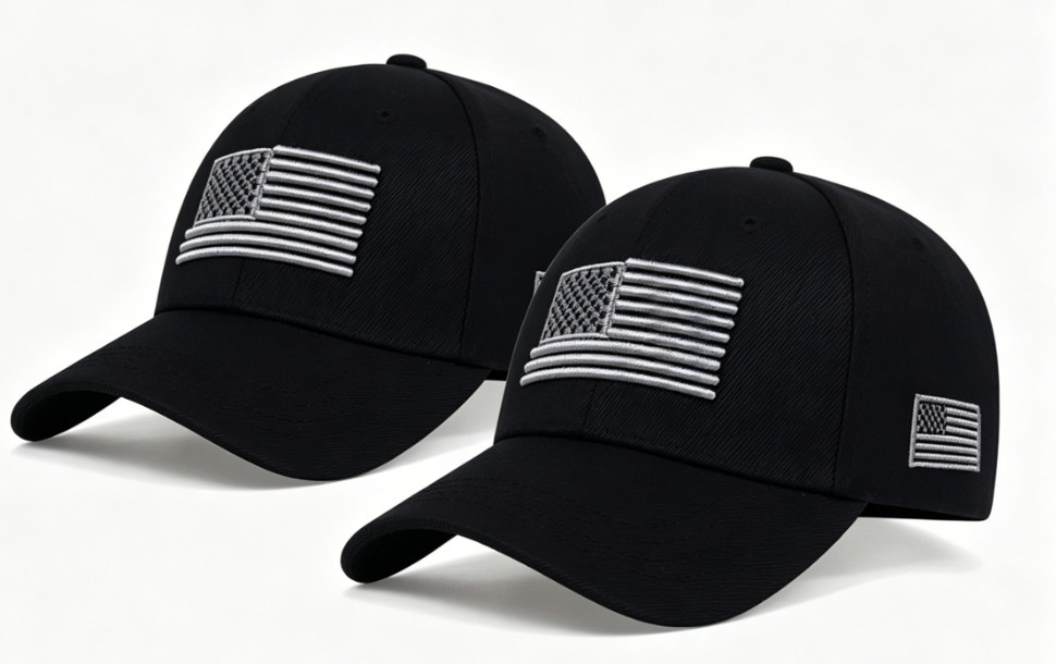 2-Pack Black Embroidered US Flag Low Profile Baseball Caps, Adjustable