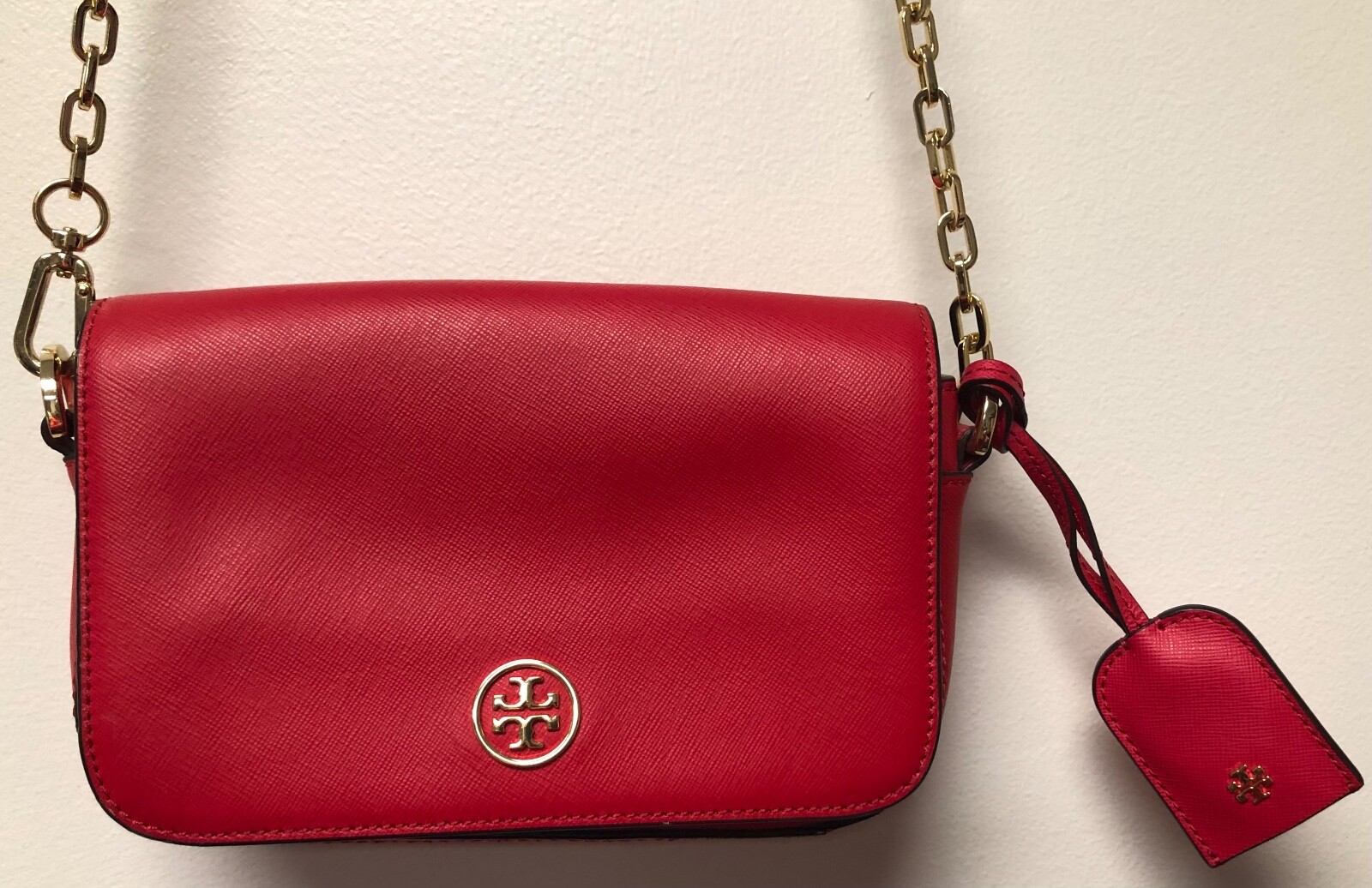 TORY BURCH EMERSON WOMEN’S CROSSBODY BAG BRILLIANT RED W GOLD TONE LOGO & CHAIN