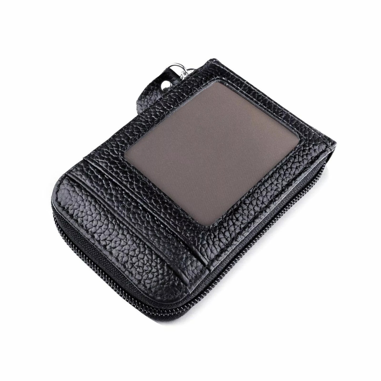 Leather Credit Card Holder RFID-Blocking Zipper Pocket Wallet with ID Window