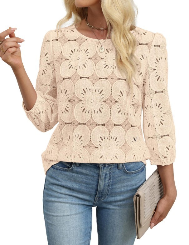 Summer Women’s Crew Neck Lace Blouse 3/4 Sleeve Hollow Out Casual Shirt