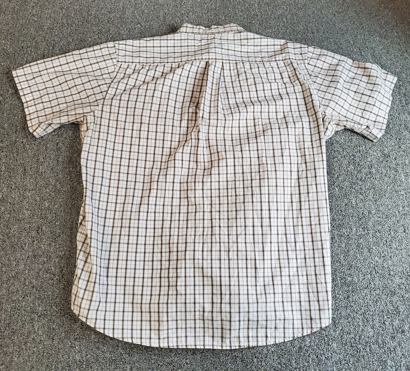 Striped Vintage Short Sleeve Button Up Mens XL Shirt Beige White Black Plaid