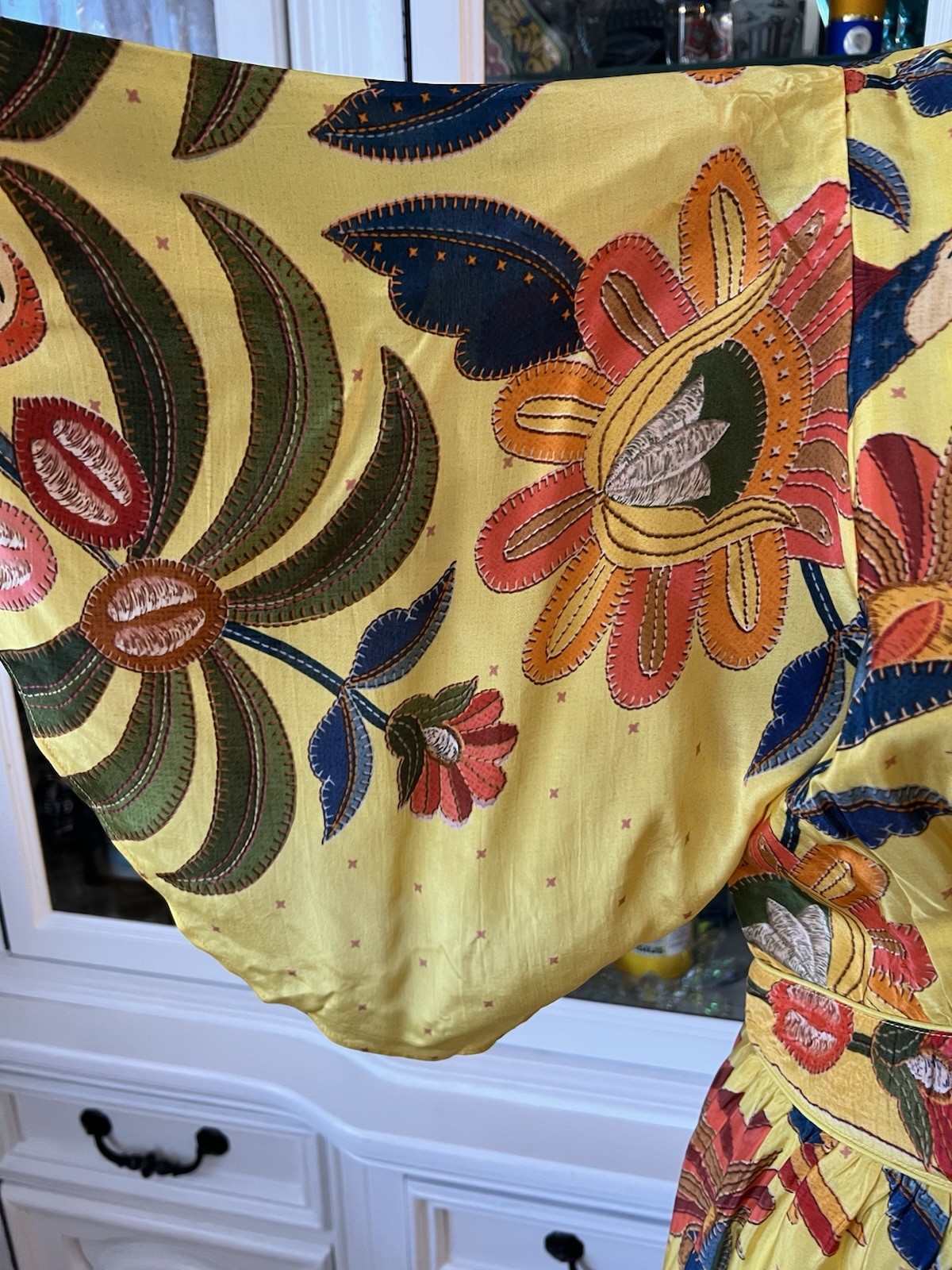 FARM Rio For Anthropologie Yellow Tropical Print Satin Like Fabric Maxi Dress M