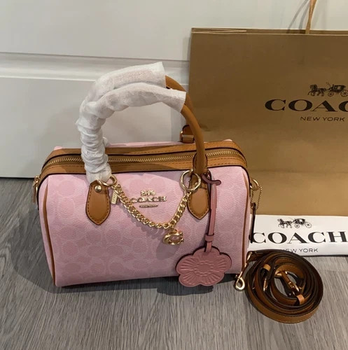Coach Rowan Satchel Bag Signature Canvas With Charms Gold/Powder Pink CEA18 New