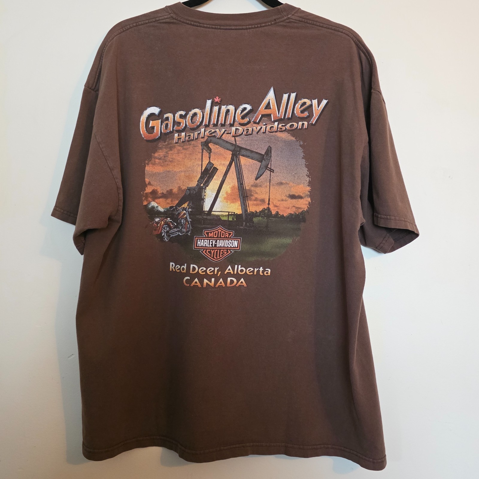 Vintage Harley Davidson Shirt XL Brown Gasoline Alley Red Deer Alberta Pumpjack
