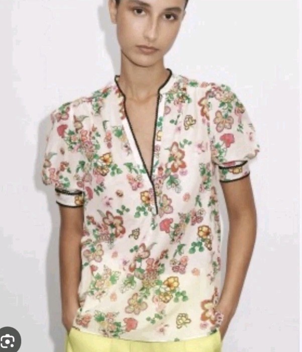 Me+Em Silk Cotton Floral Swirl Print Blouse Short Sleeve Size Uk 16