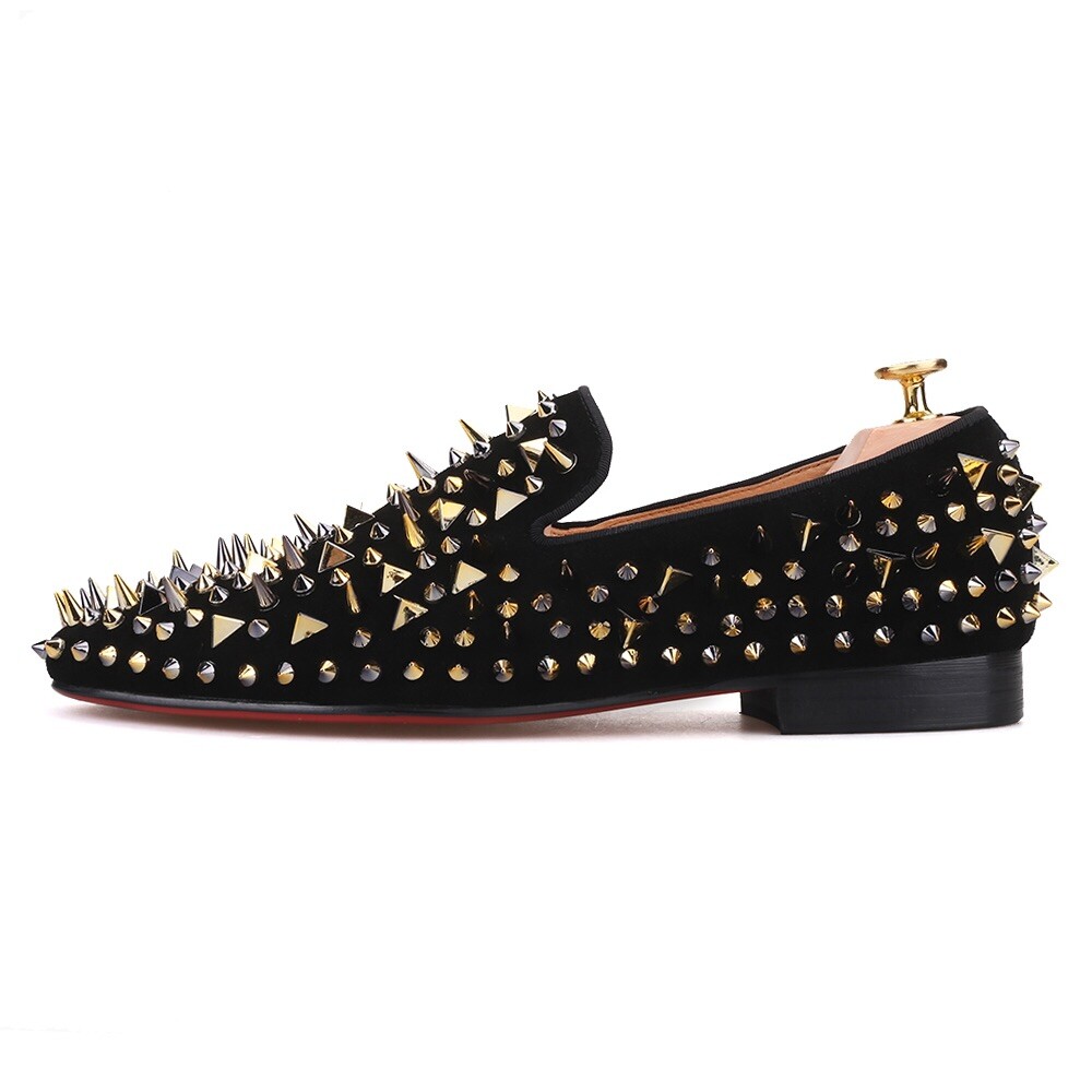 Men FERUCCI Black Velvet Slippers Loafers Flat Gold Spikes Rivet Wedding Prom