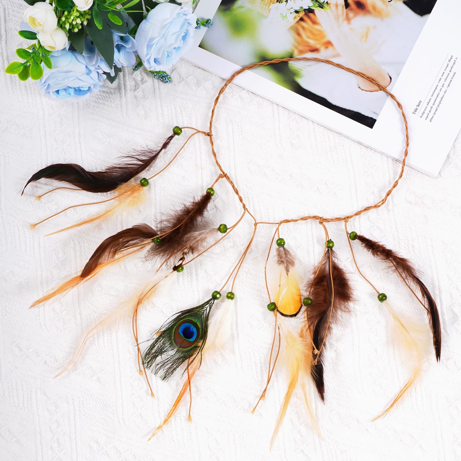 obmwang Indian Feather Headband Native American One Size, As Picture Show