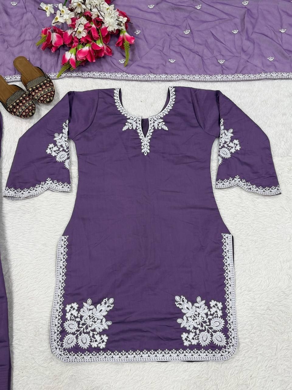Designer Roman Cotton Purple Farshi Salwar Kameez With Dupatta For Festival