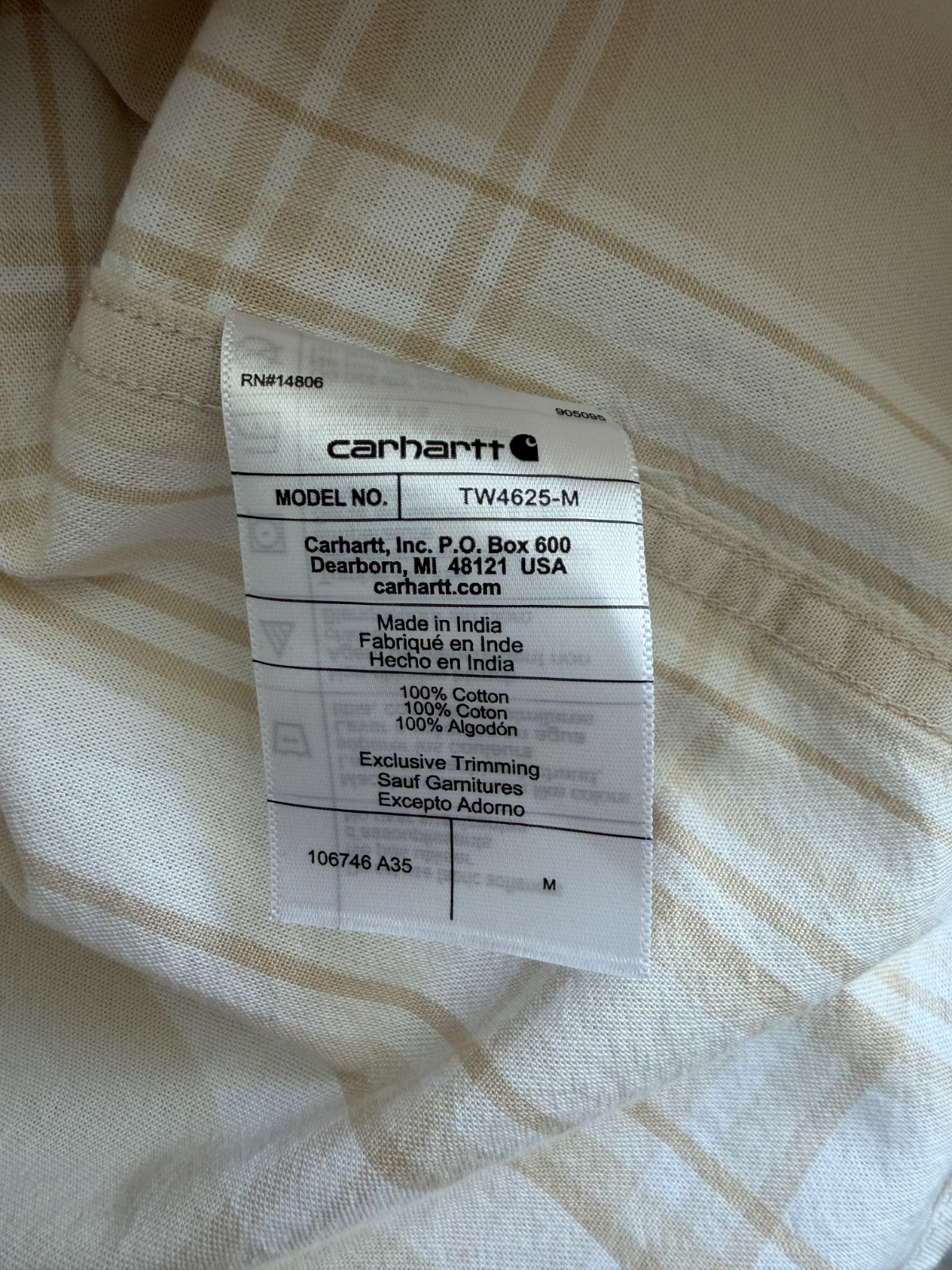 Carhartt Shirt Mens M Beige White Outdoor Button Up Loose Fit Plaid Work Shirt