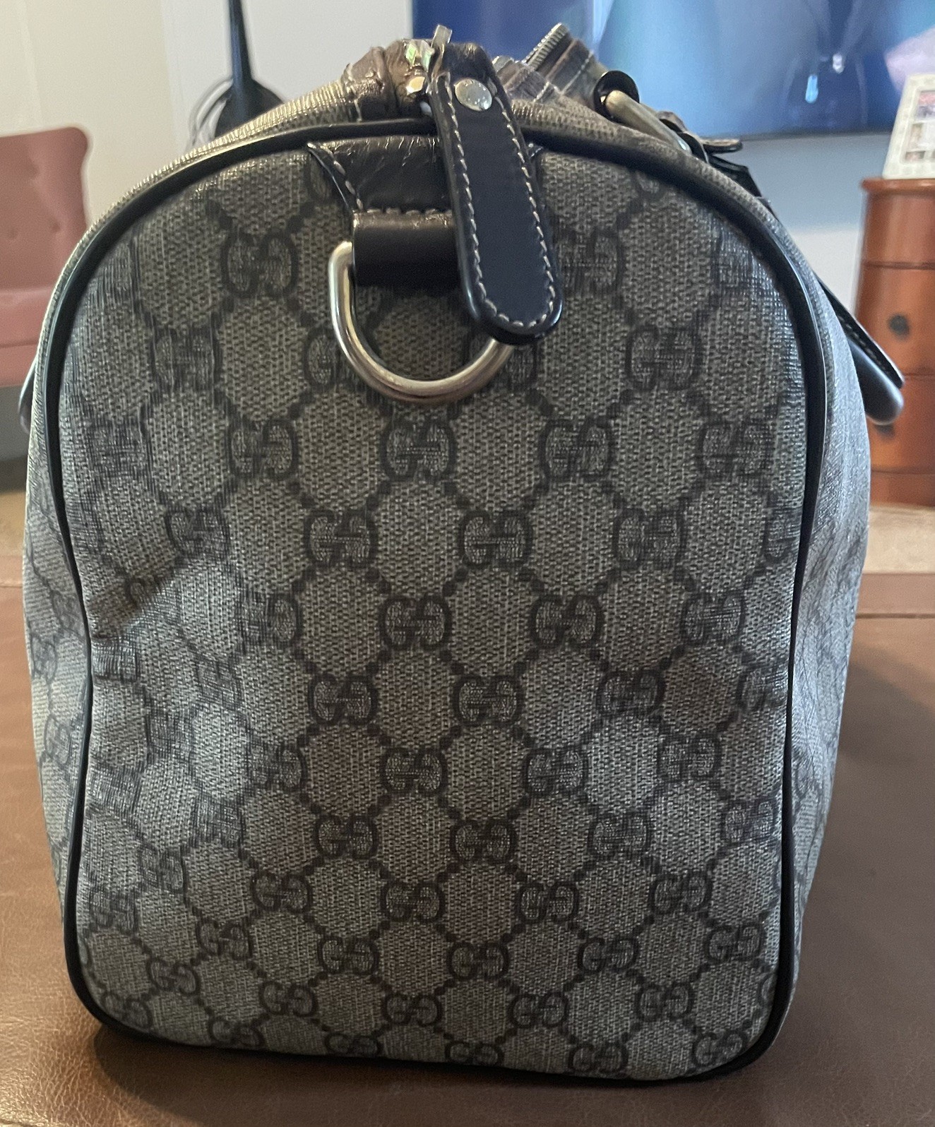 GUCCI authentic Boston Monogram Beige Canvas Leather large Boston satchel