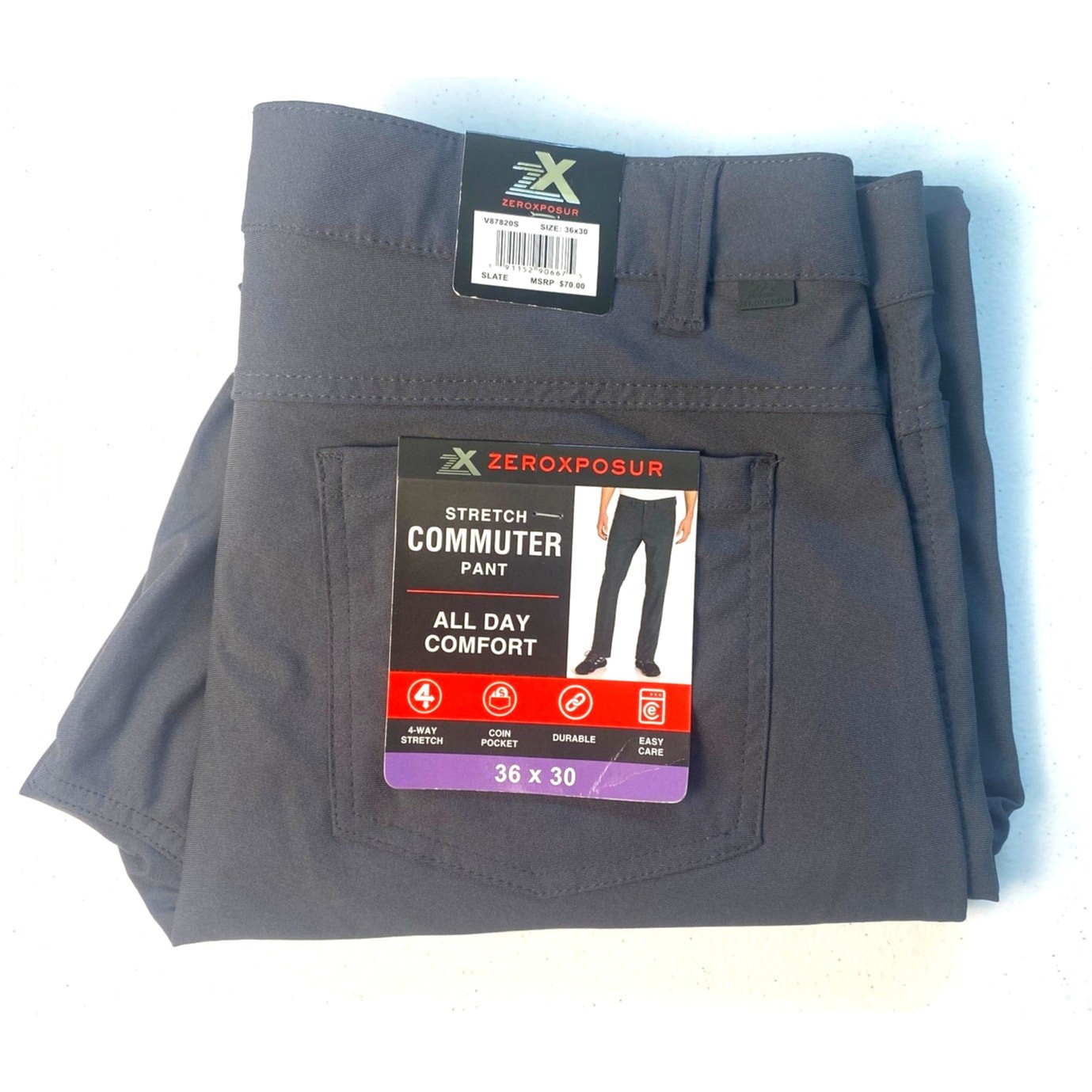 ZEROXPOSUR Men’s Gray All Day Comfort 4 Way Stretch Commuter Pants 36X30