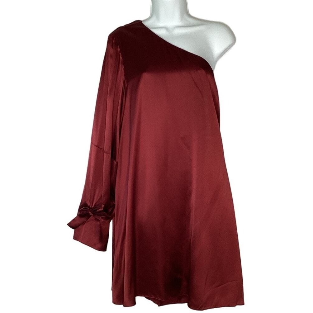 Tanya Taylor One Shoulder Mini Dress Womens 12 Burgundy Good Satin Asymmetrical