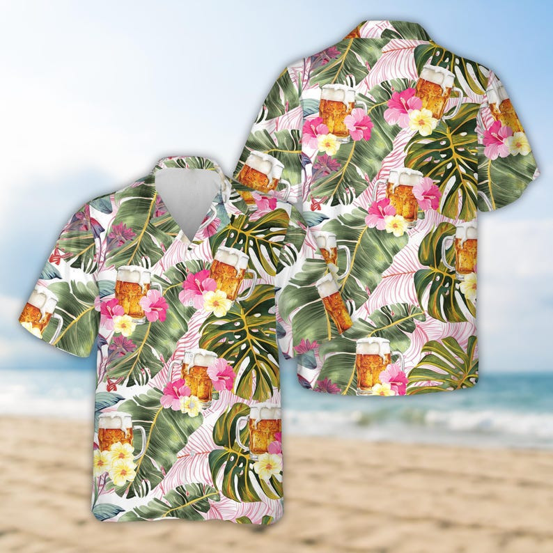 Tropical Beer Hawaiian Shirt Unisex Palm Tree Flower Summer Button Up #2