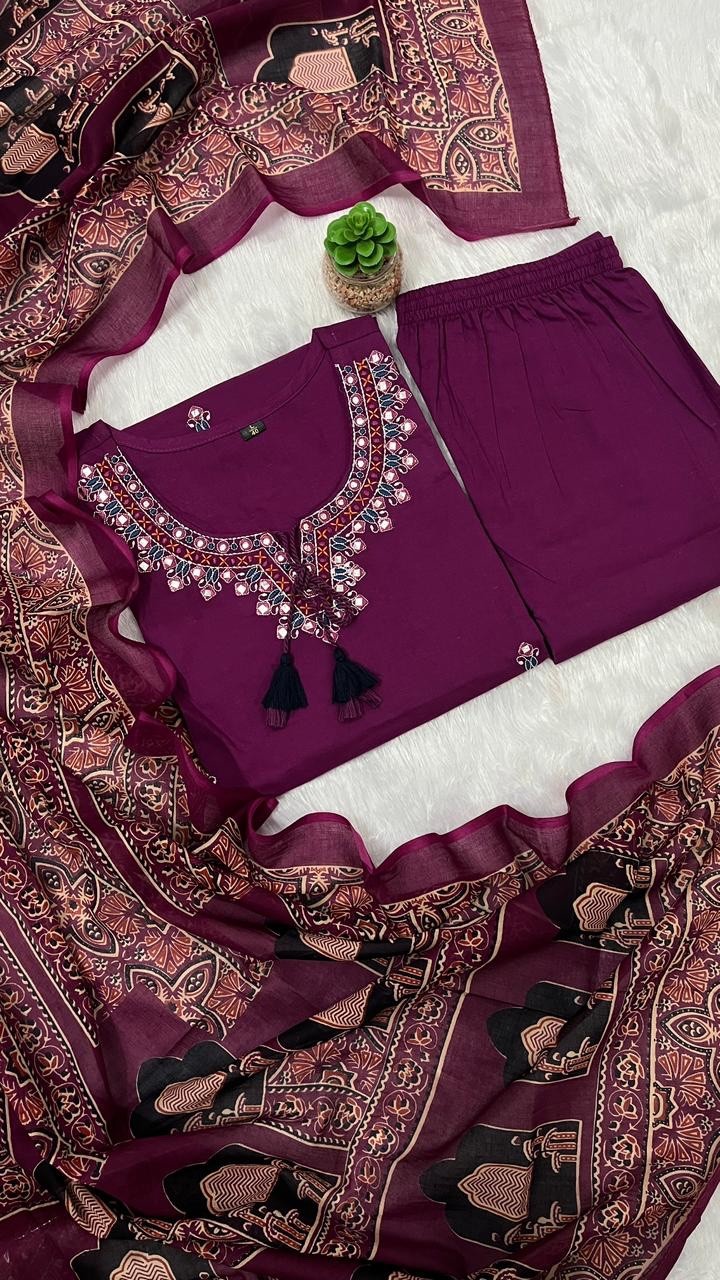 BOHO EMBROIDERED COTTON KURTI PANT DUPATTA SET WOMEN 3PC POCKET SUIT SIZE 3XL UP