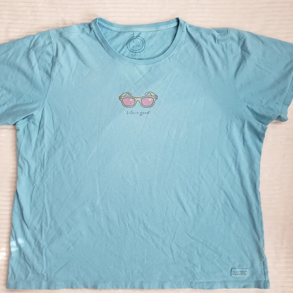 Life Is Good Womens Blue Pink Yellow Crew neck tee Sunglass T Shirt XXL
