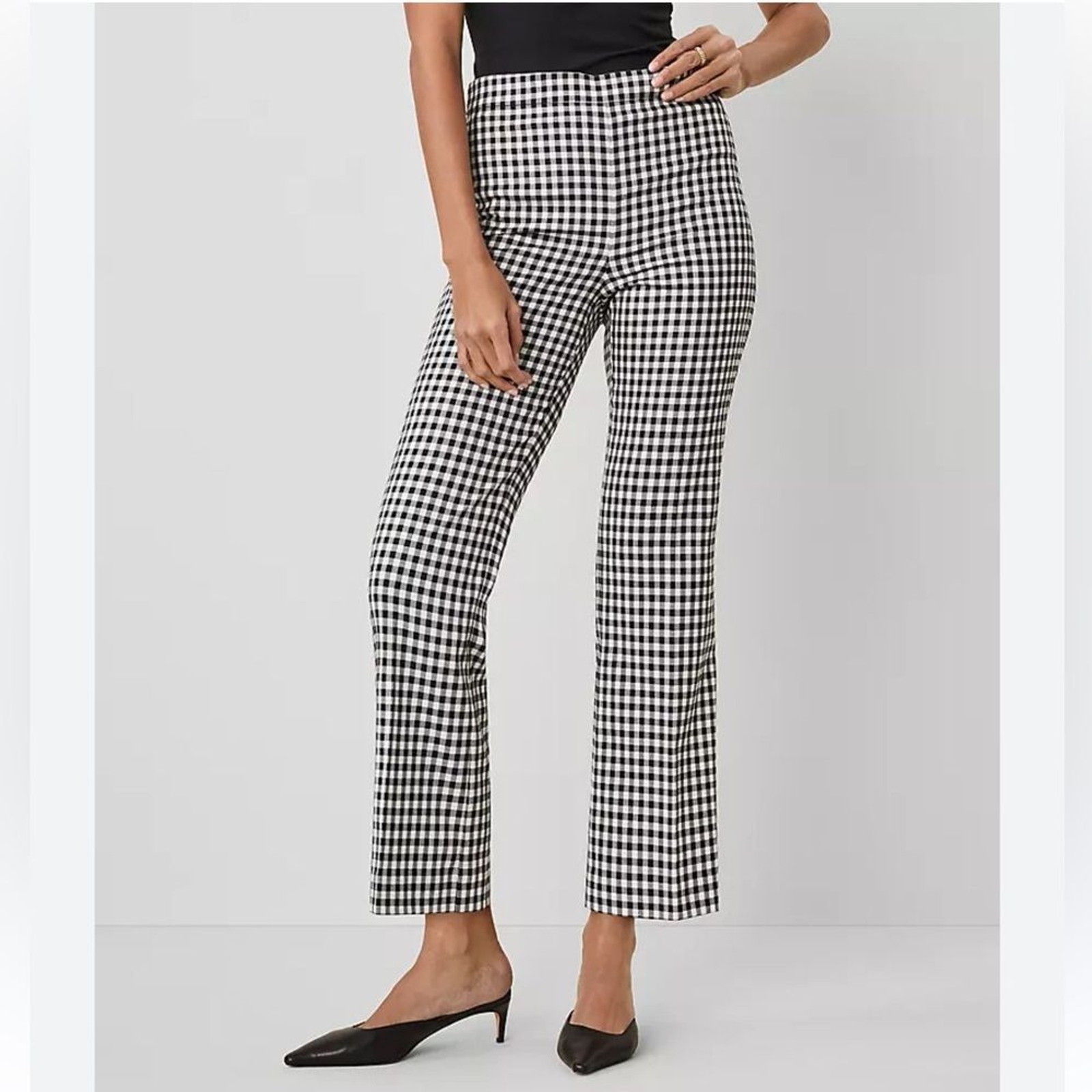 Ann Taylor The Flare Pant Ginghanm Monochrome Checkered Trousers Size 8