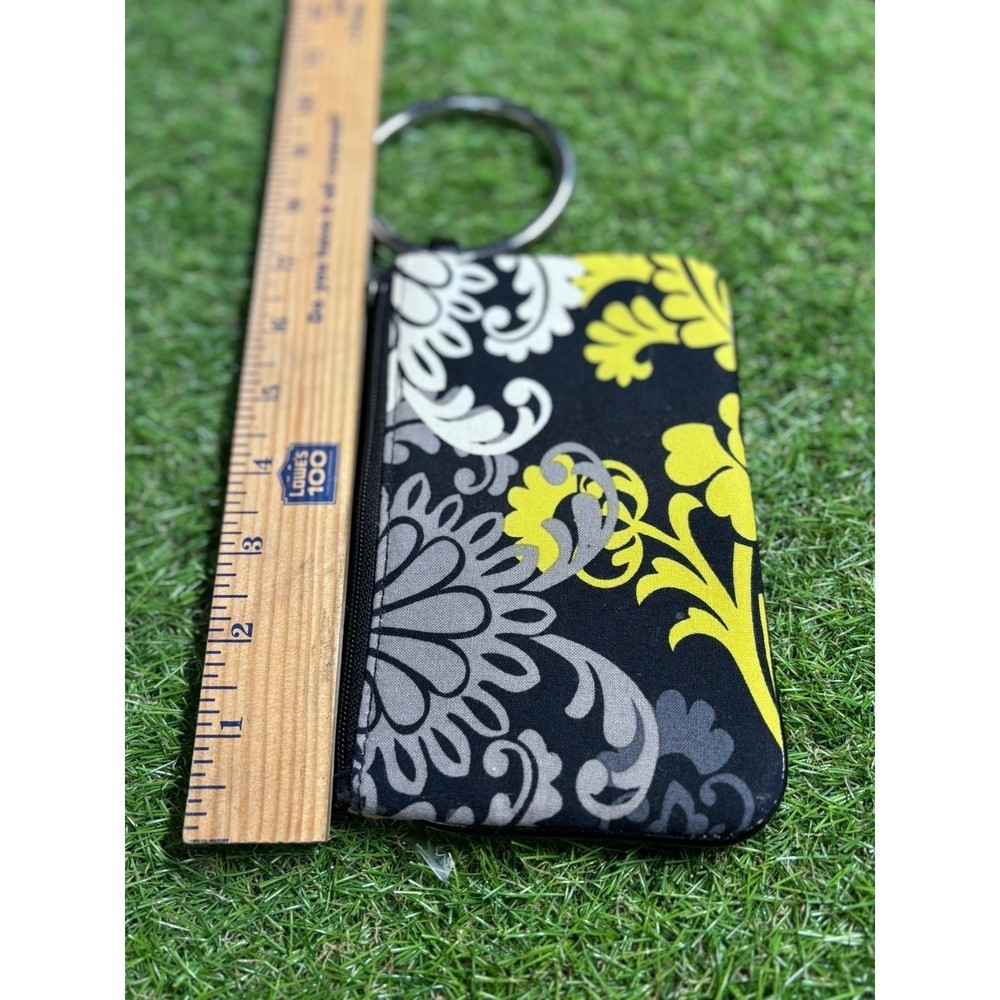 Womens Black Floral Print Wristlet Pouch with Ring Handle and Yellow Accents
