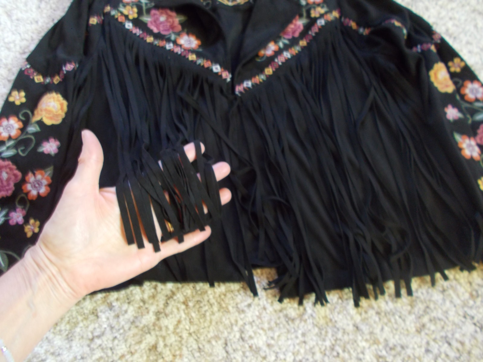 Savanna Jane Faux Suede Black Embroidered Jacket Fringe Flowers sz S M
