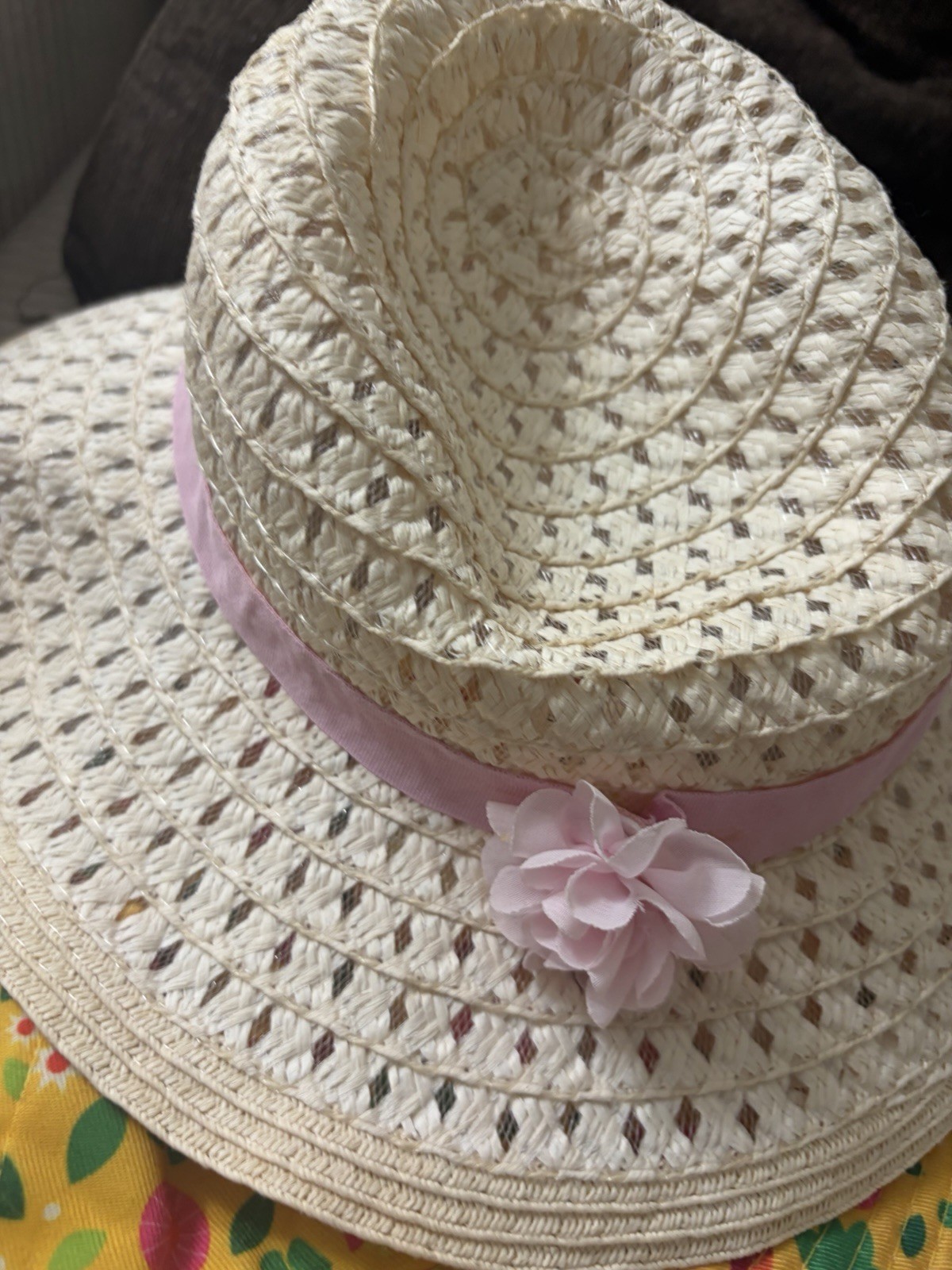 Girls Beige Straw Sun Hat Pink Ribbon & Flower Accents One Size Lightweight