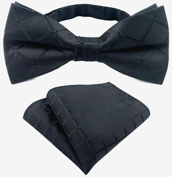 Mens Pre-Tied adjustable Bow Tie Solids Checks Black Bowtie Hanky Wedding Party