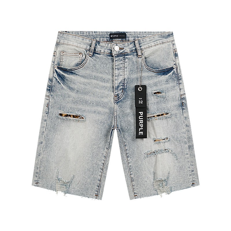 purple Brand Light Wash Faded Blue Camo Distressed Jorts Men’s