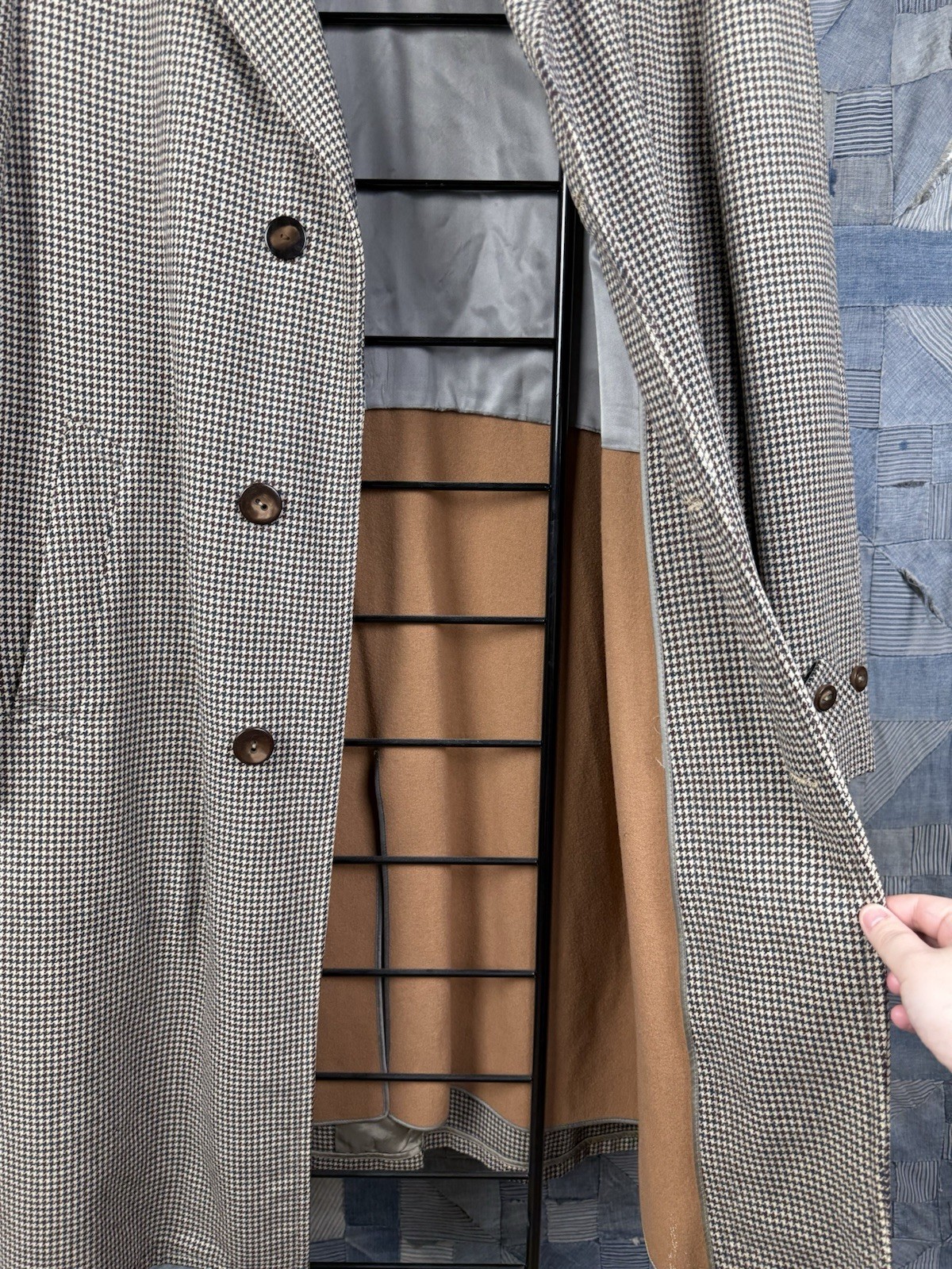 50s VINTAGE Rock-Knit Tailored Houndstooth Overcoat Size 44 Wool BEAUTIFUL Lined