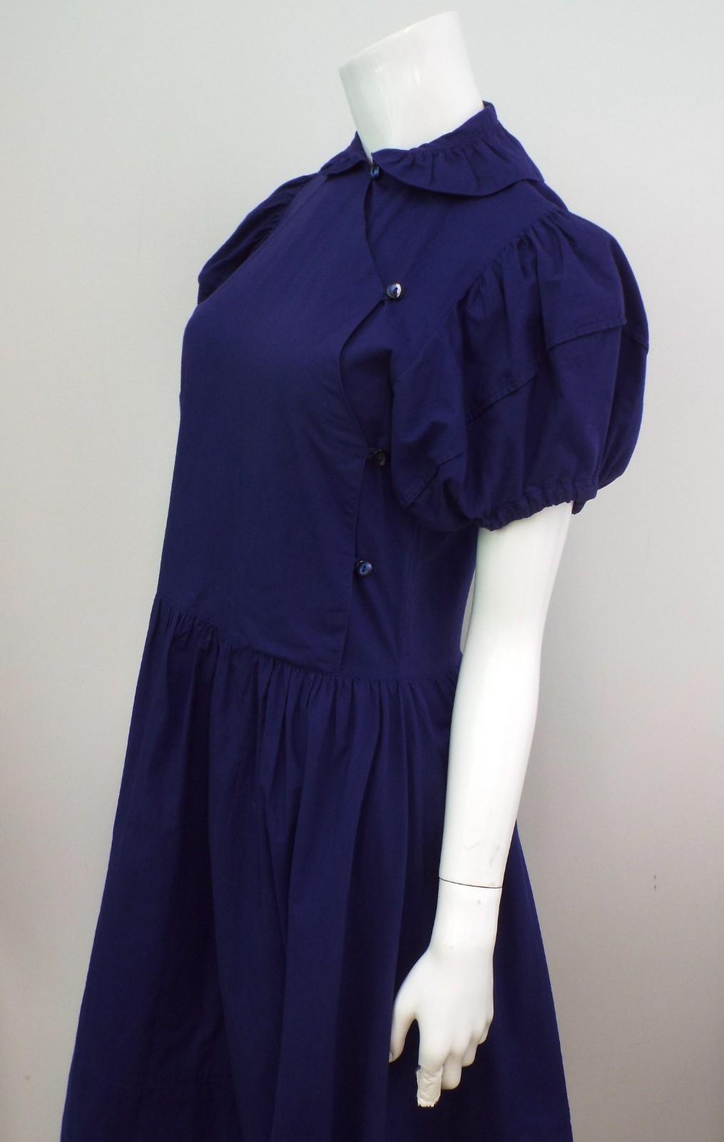 VTG 1980s KENZO Blue Puff Sleeve Dress Small Cotton Asymmetrical Button Wrap Top