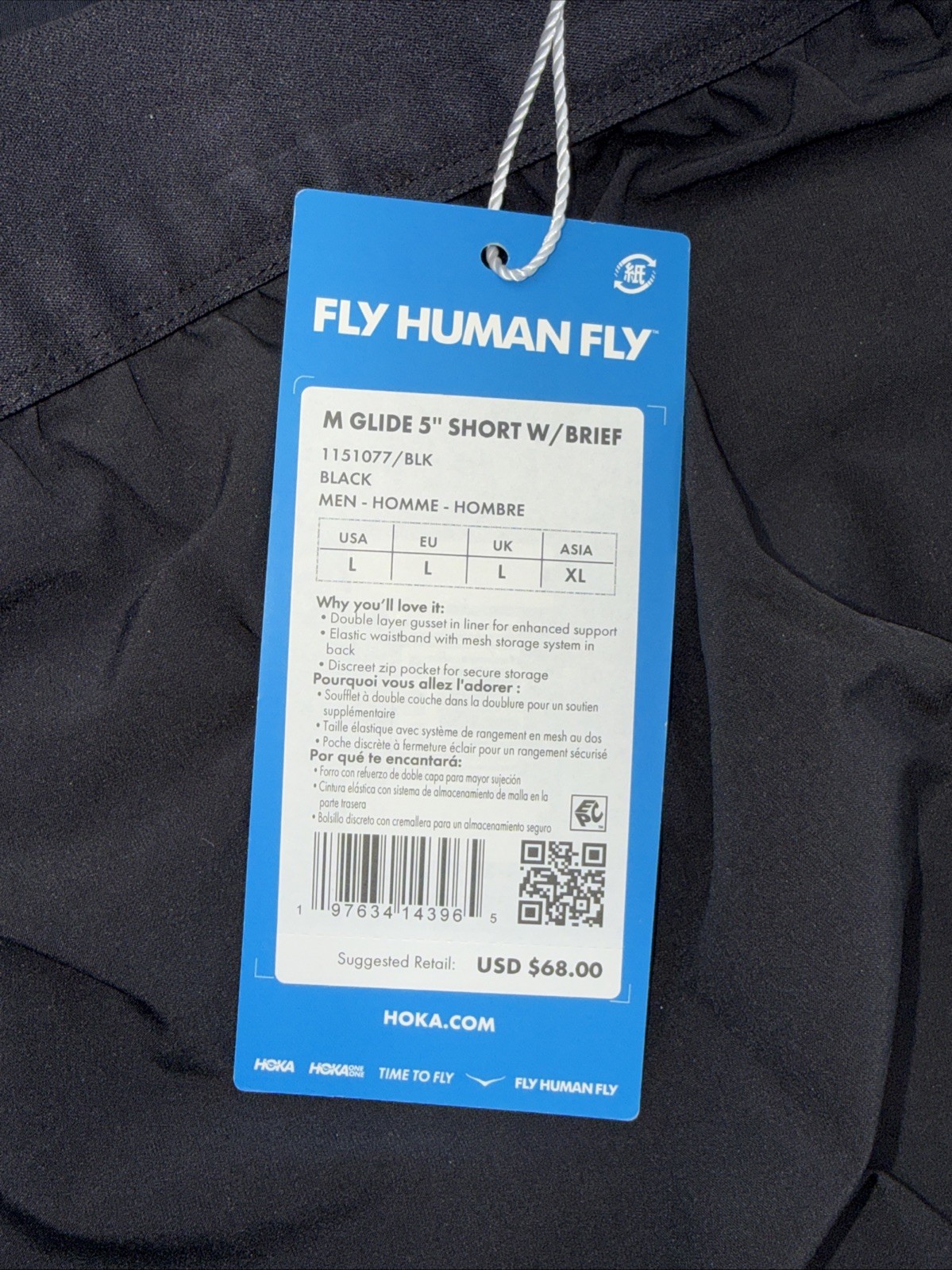 $68 HOKA Men’s Glide Short with Brief 5″ – 1151077 -Black – Large -New With Tag