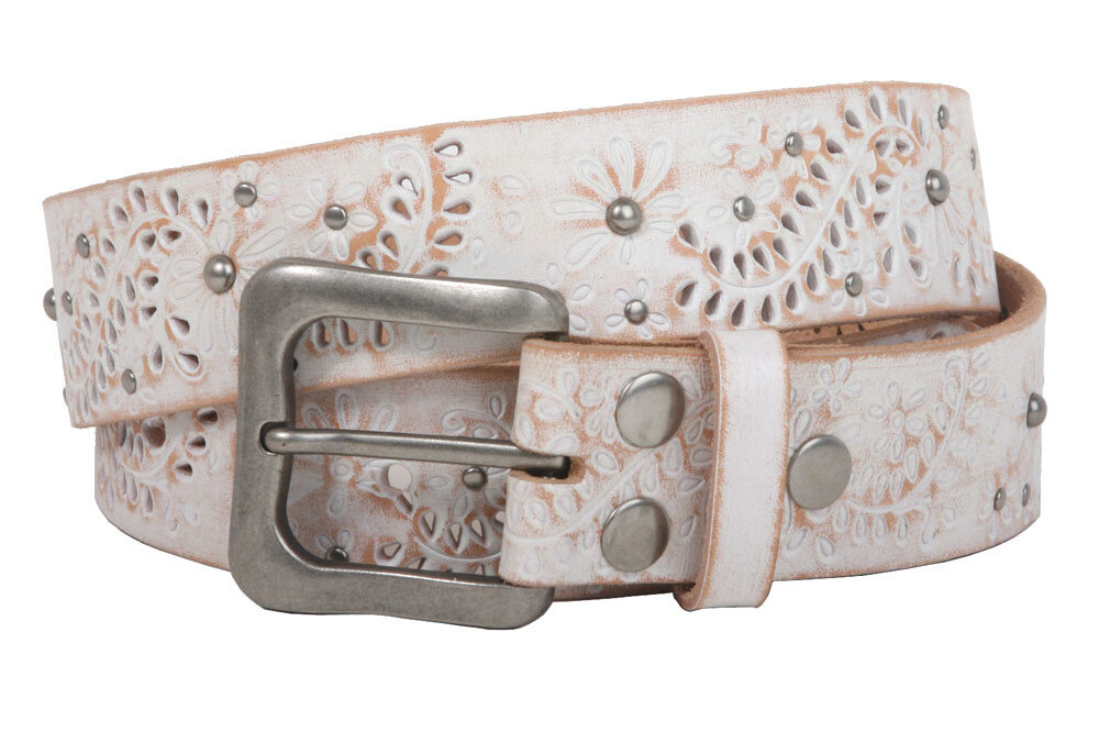Snap On Vintage Cowhide Full Grain Leather Floral Rivet Perforated Casual Belt