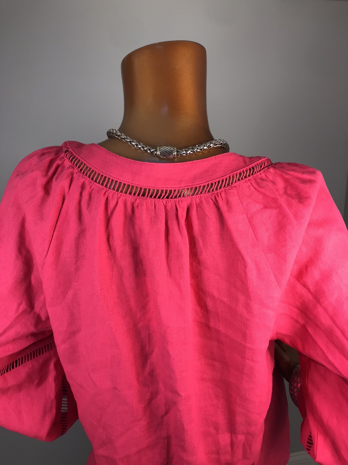 Anne Klein M Top NWT $89 Linen Blouse Pink Crochet Low V Cut Sexy Shirt 3/4 Slvs