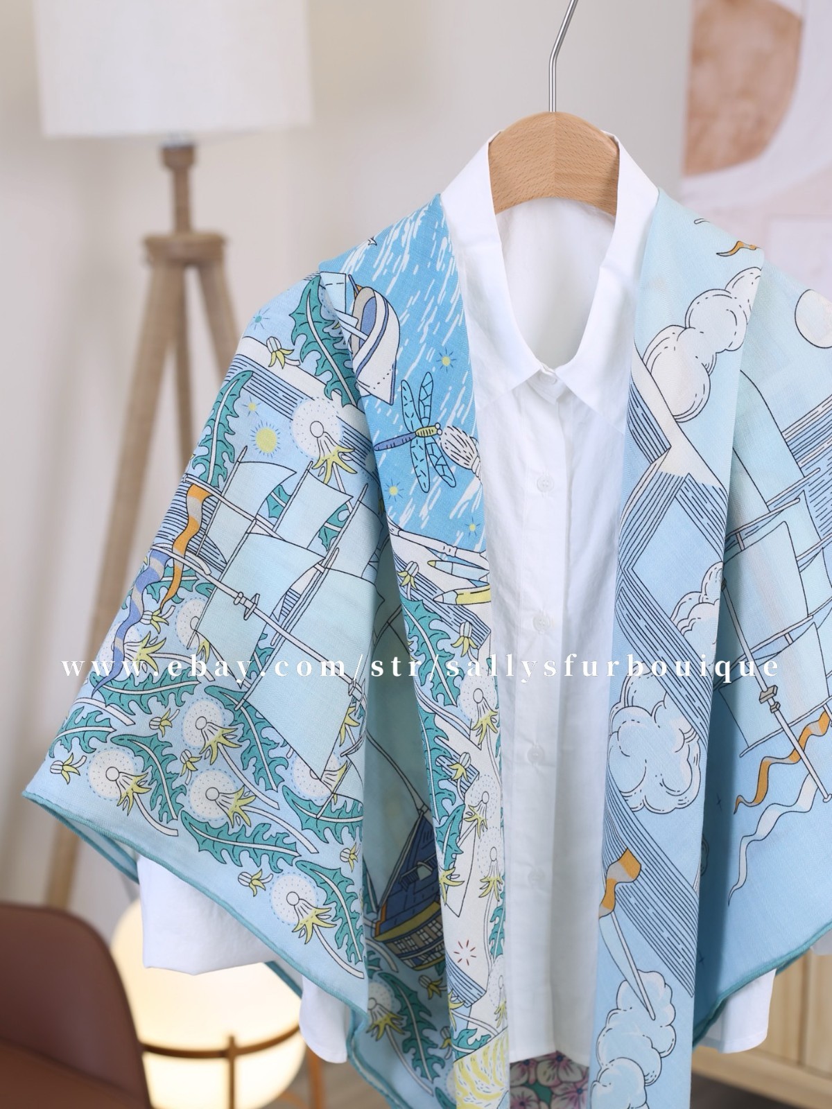 Sallys 70% Cashmere & 30% Silk Wrap Scarf Boat Print Double Face Shawl 53″ Blue