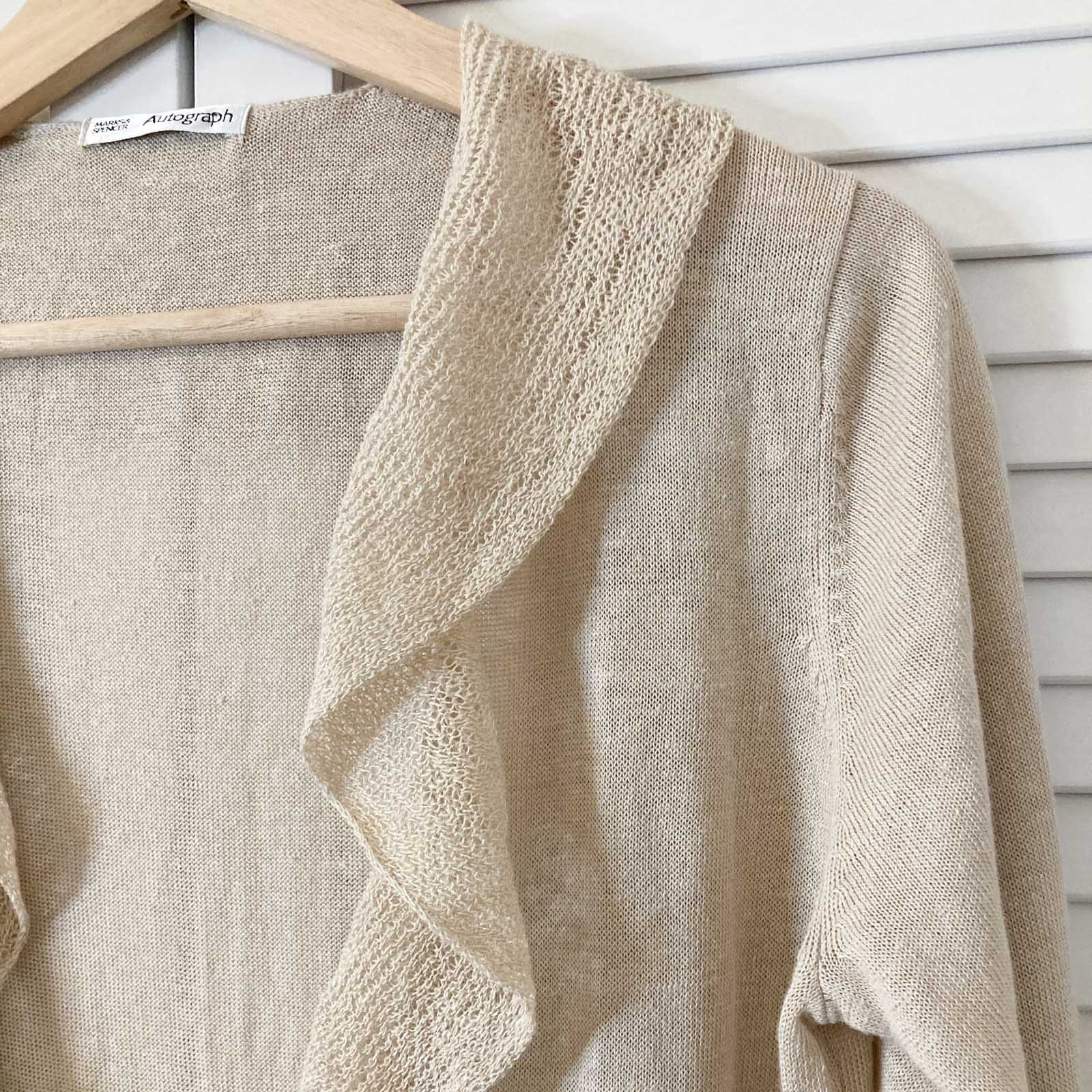 Autograph M&S Cardigan Size 12 Natural Beige Linen Blend Frill Trim Longline