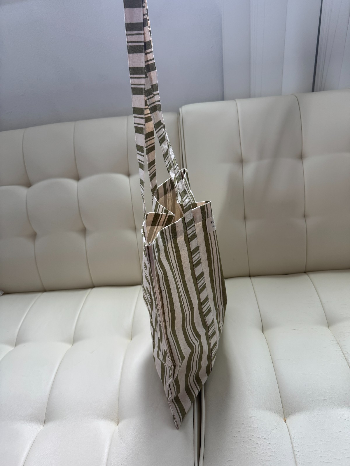 Sézane limited edition striped ecru olive khaki green cotton canvas tote NWOT