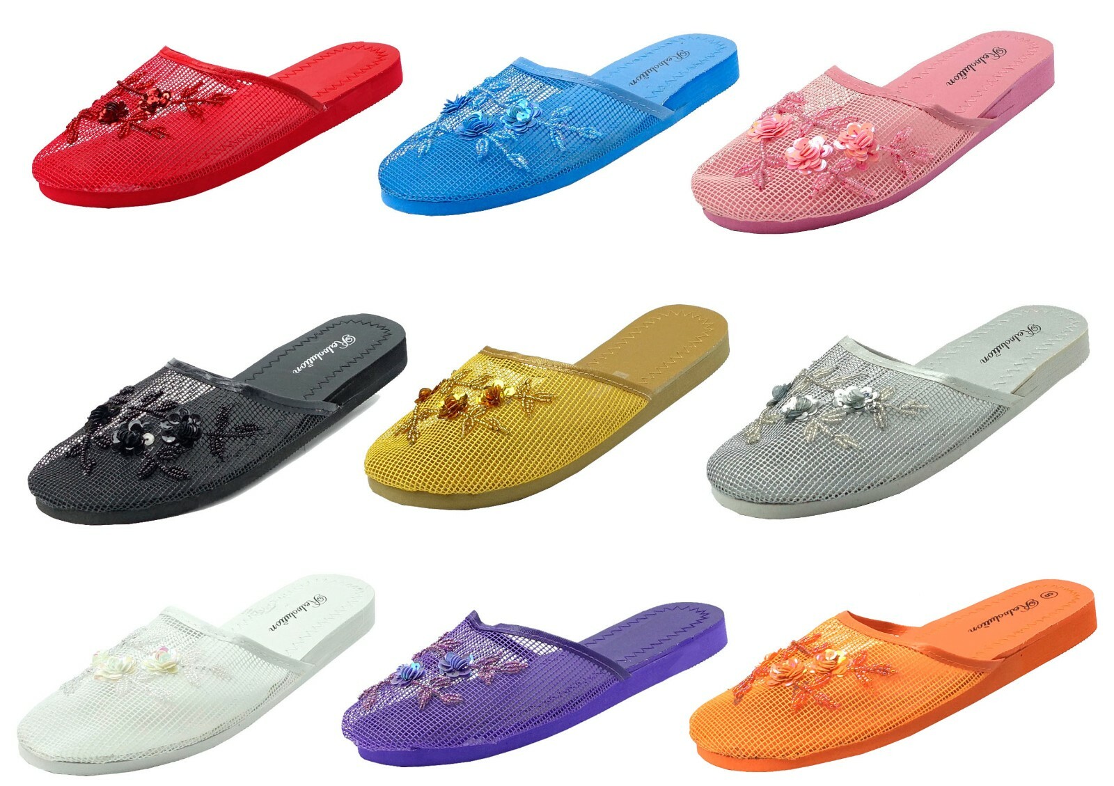 Women’s Chinese Mesh Floral Beaded Sequined Slipper Multi-color Size —1313 网拖