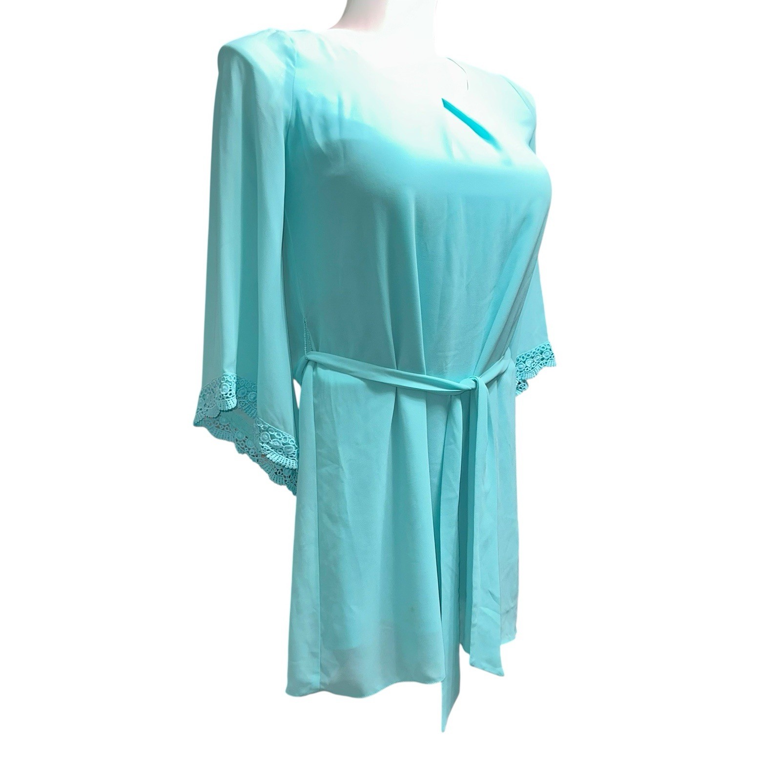 A. Buyer Women’s Medium Blue Long Sleeve Short Dress Round Neck Belted