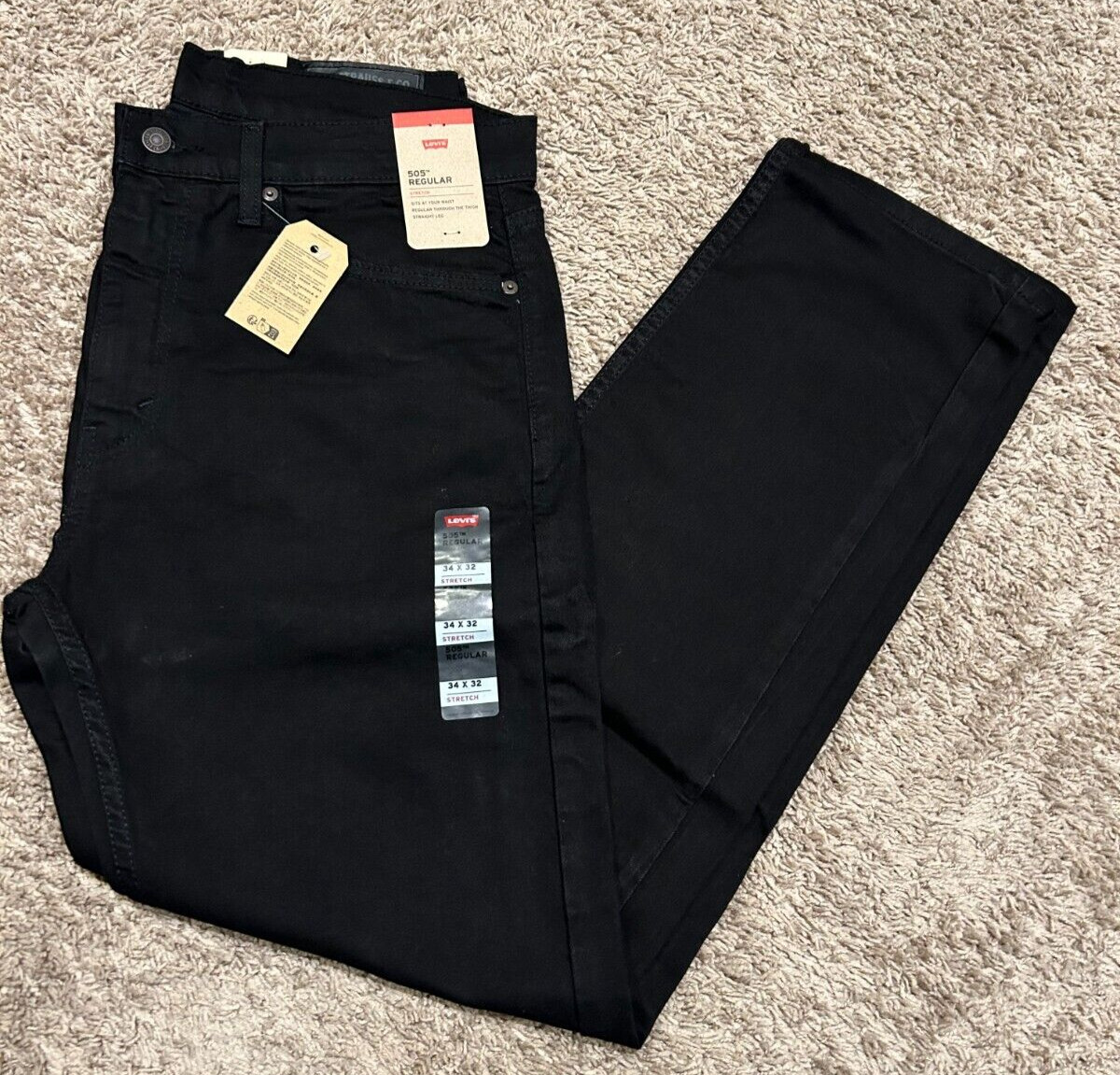 Levi’s 505 Jeans Regular Fit W/Stretch Black Size 34X32 NWT RT$69.5 1469 D18