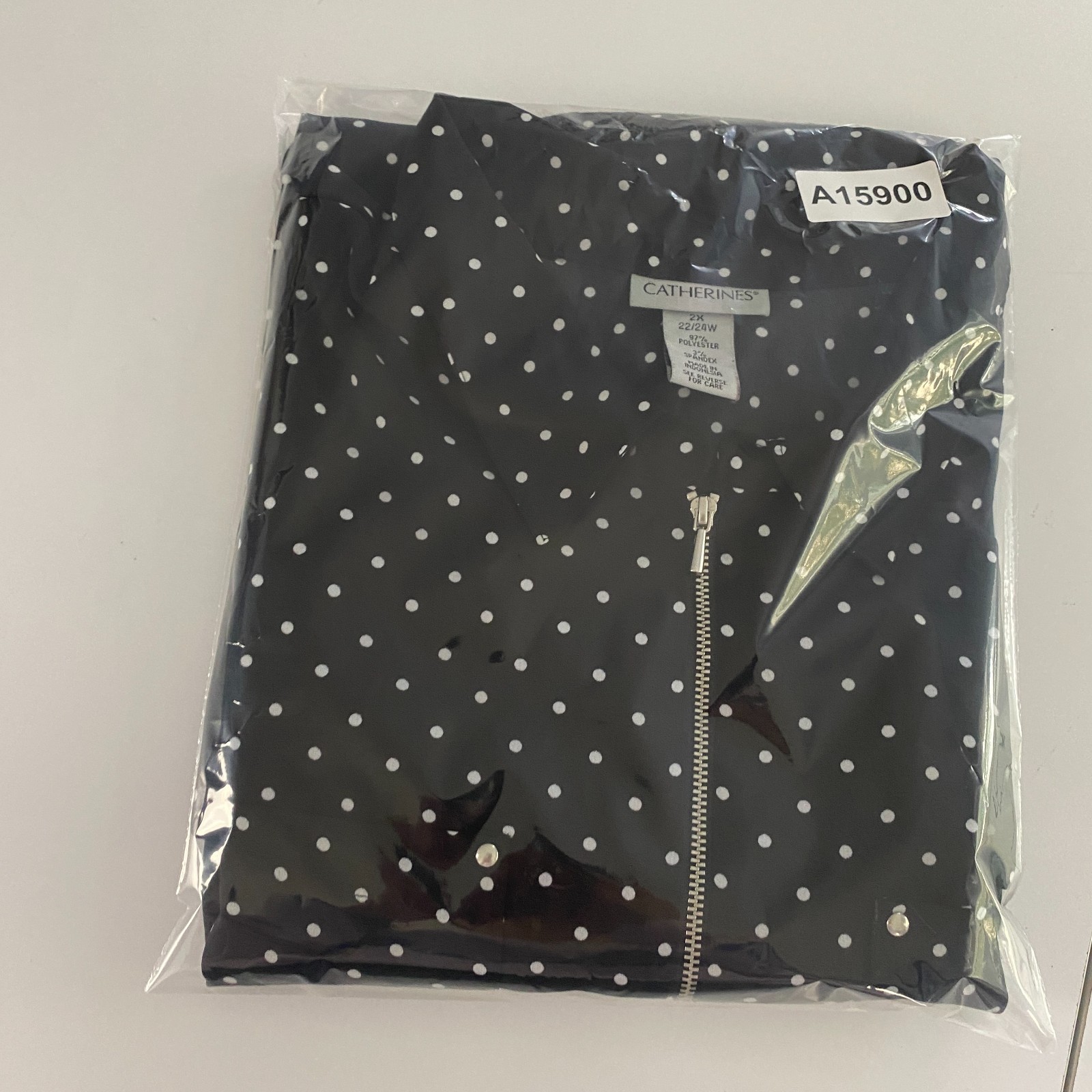 Catherines Popover Half Zip Blouse Size 2X Black White Polka Dot Stretch Tunic
