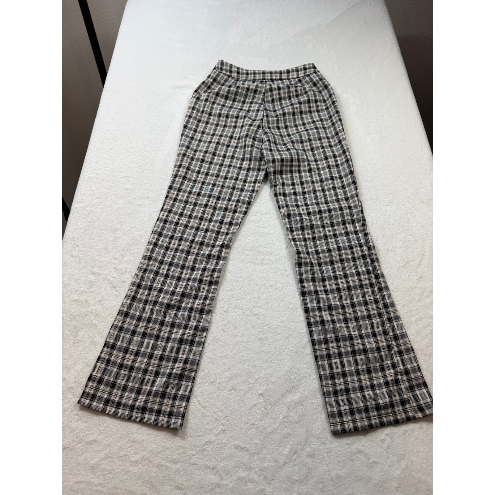SHEIN Plaid Trousers Womens XS Black White Good High Waisted Flare Checkered